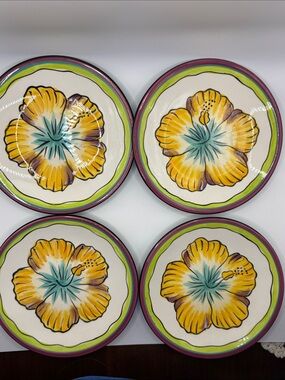 Bright Yellow Floral Ceramic Dinner Plates - Set of 4. Clay Art
